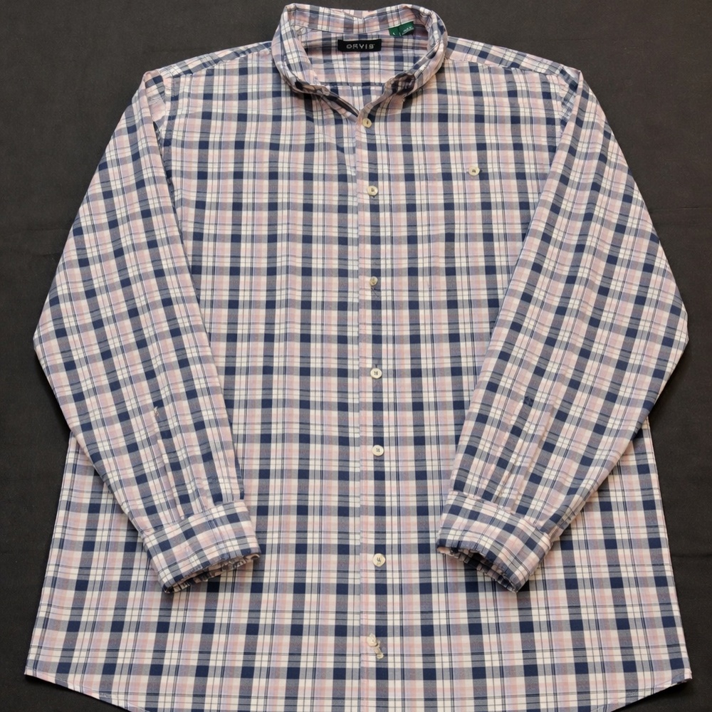 Orvis Men’s L Plaid Button-Up Shirt Long Sleeve Cotton Casual Blue Pink